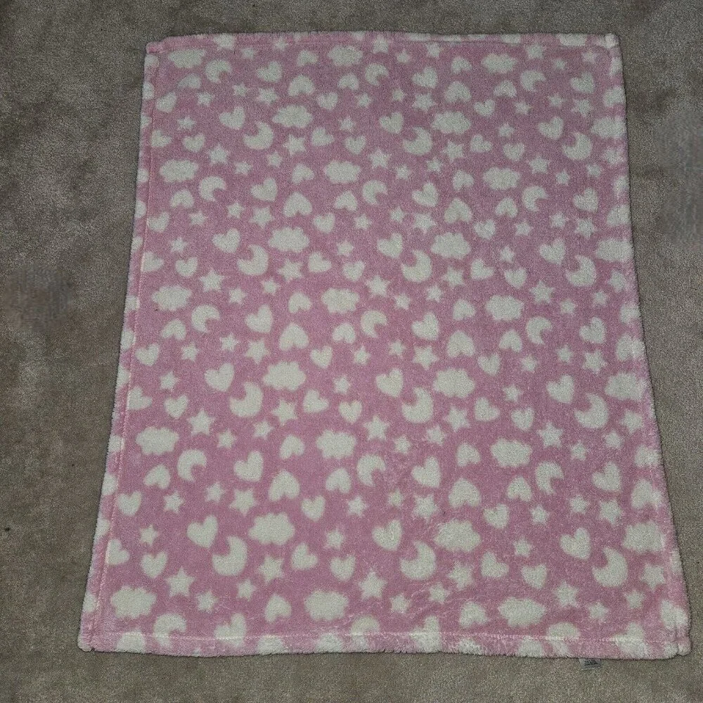 Baby Gear Pink White Fleece Baby Blanket Hearts Stars Moons Clouds 30